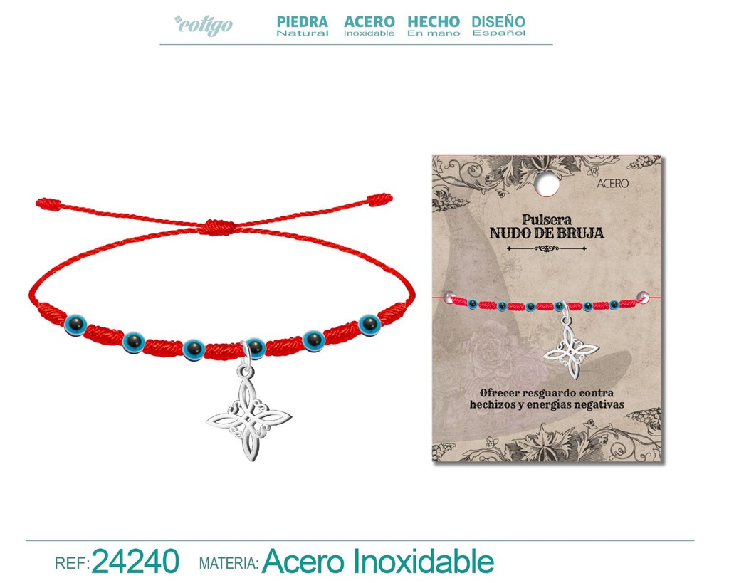 Pulsera 7 nudos con ojo de turco y nudo de bruja de acero plateado - Joyería de protección