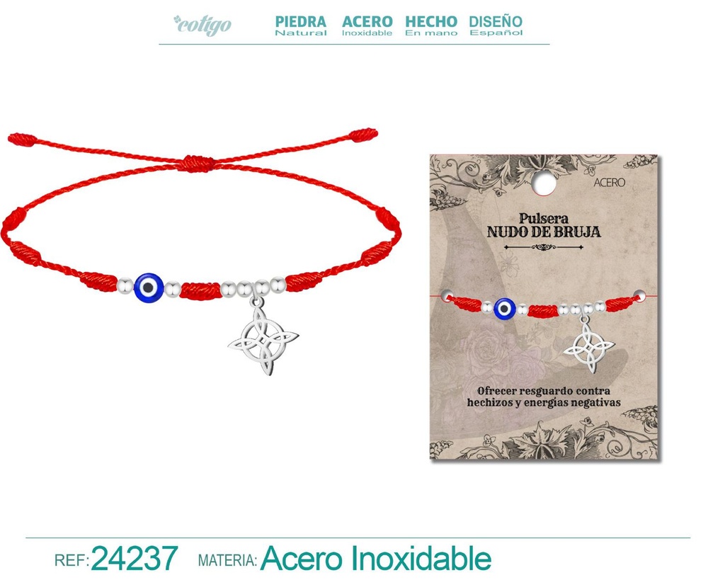 Pulsera 7 nudos con ojo de turco y nudo de bruja de acero plateado - Joyería y amuletos
