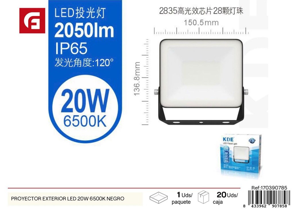 Proyector exterior LED negro de 20W 6500K - Iluminación