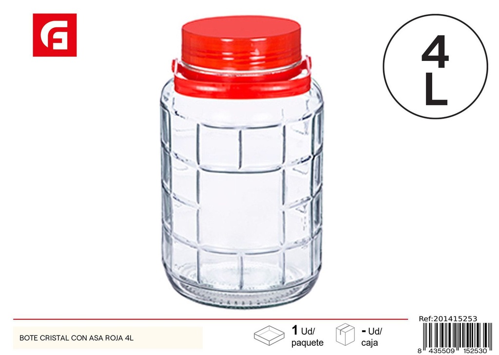 Bote de cristal con asa roja de 4L - Almacenamiento en vidrio