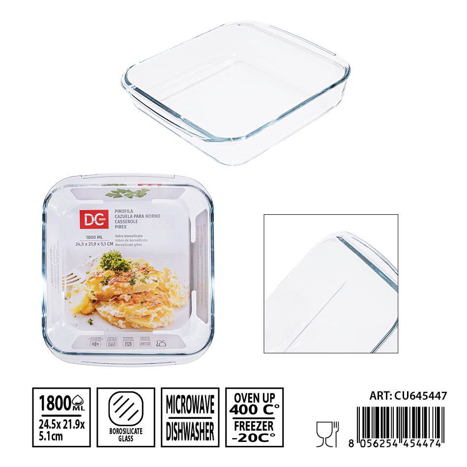 Bandeja de cristal cuadrada 1800 ml 24.5x21.9x5.1 cm - Utensilios de mesa y bandejas de cristal