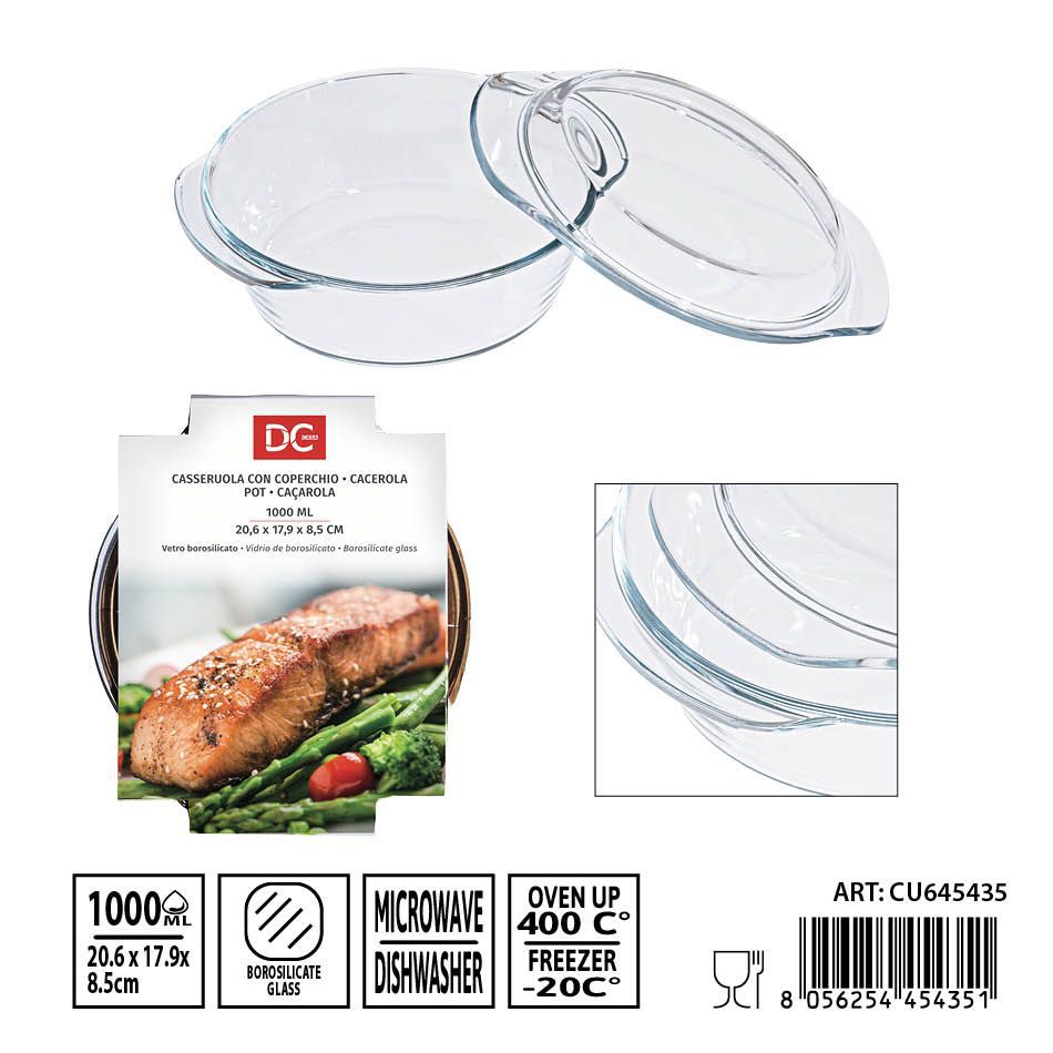 Cacerola de vidrio con tapa 1000 ml 20.6x17.9x8.5 cm - Utensilios de mesa y cacerolas de cristal