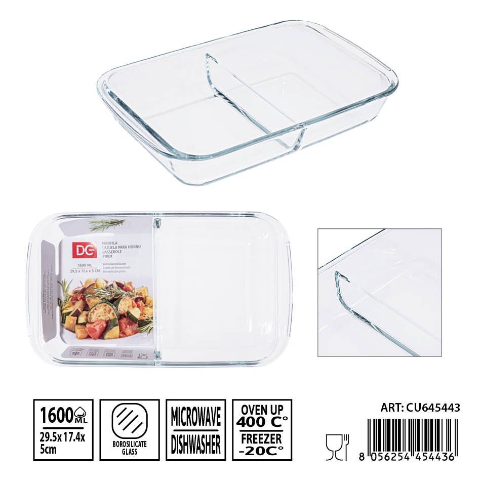 Bandeja de cristal doble compartimento 1600 ml 29.5x17.4x5 cm - Utensilios de mesa y bandejas de cristal