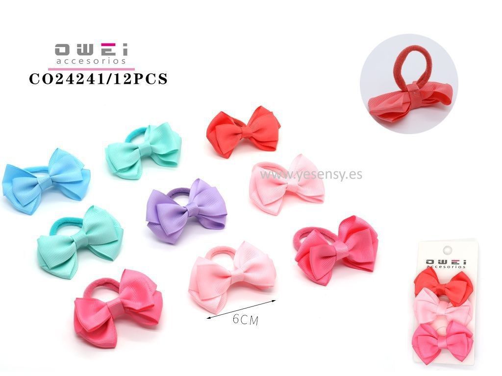 Pack de 3 gomas surtidas con lazo 6 cm 12 unidades - Accesorios para el cabello
