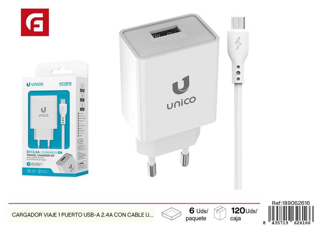 Cargador de viaje con 1 puerto USB-A 2.4A y cable micro USB - Cargadores de teléfono