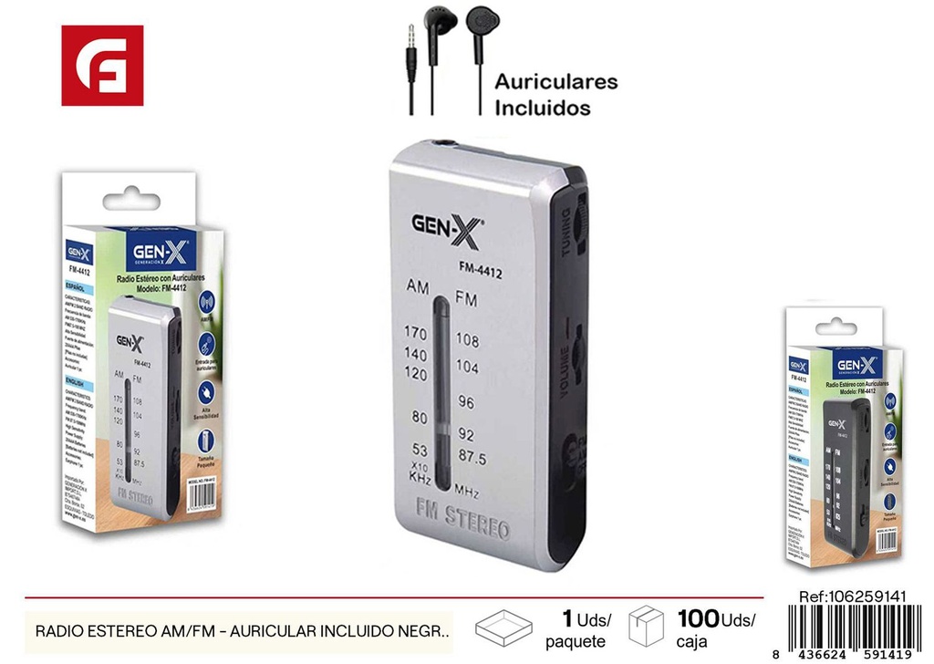 Radio estéreo AM/FM - Auricular incluido negro y plateado 4412 - Electrónica