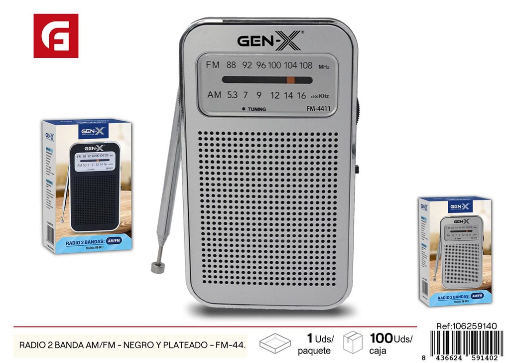 Radio 2 banda AM/FM - Negro y plateado - FM-4411 - Electrónica