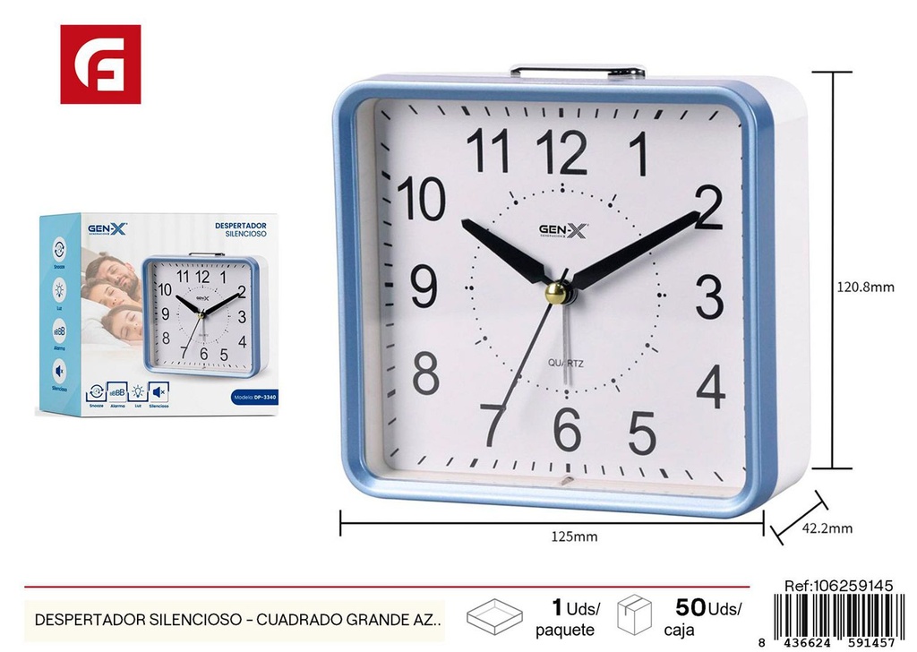 Despertador silencioso cuadrado grande azul blanco 3340 - Electrónica