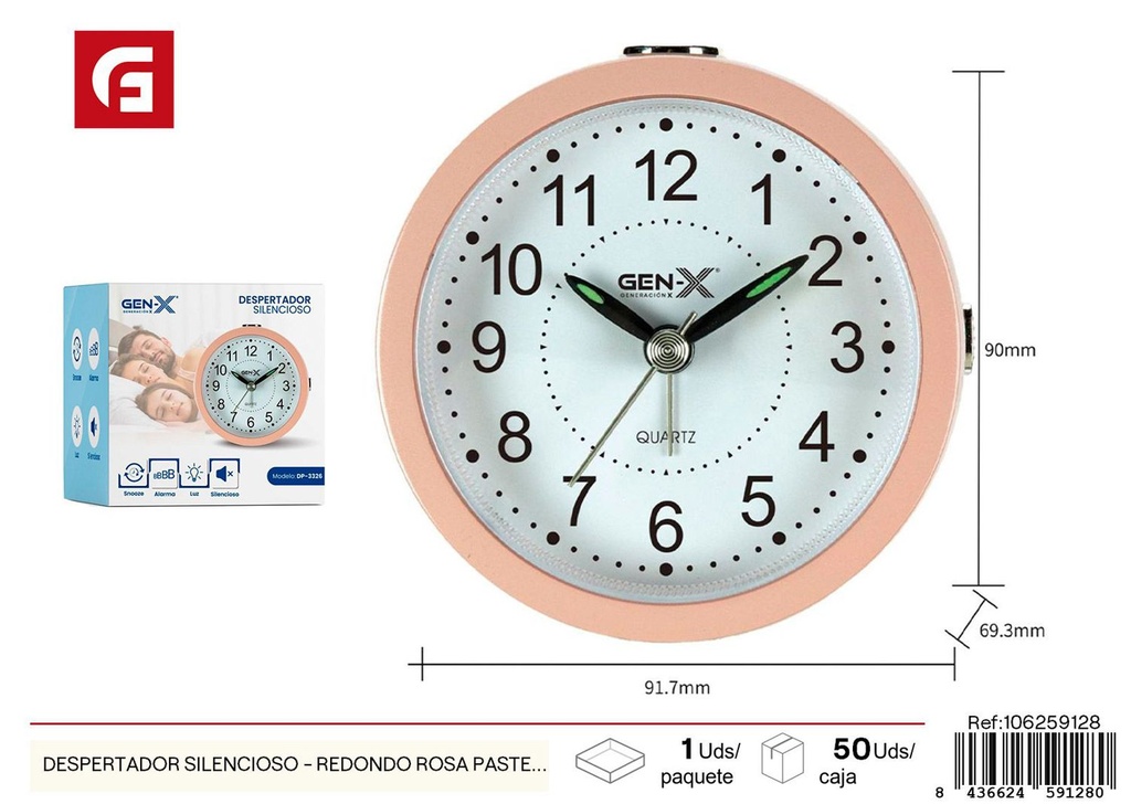 Despertador silencioso redondo rosa pastoso 3326 - Relojes de pared decorativos