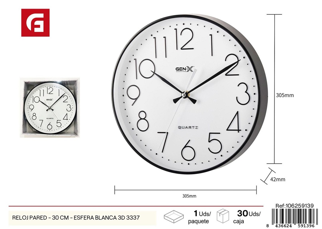 Reloj de pared blanco 3D de 30cm modelo 3337 - Decoración del hogar