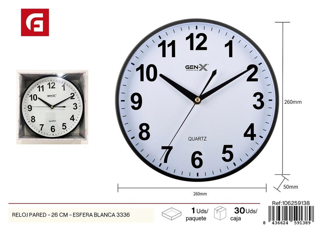 Reloj de pared blanco de 26cm modelo 3336 - Decoración del hogar