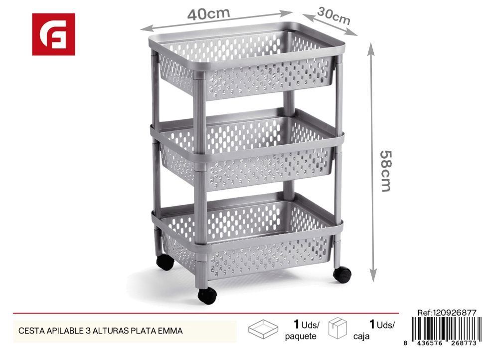 Cesta apilable 3 alturas plata Emma - Organización de hogar