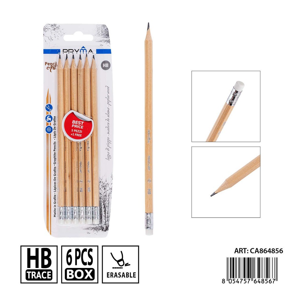 Lápiz de grafito con goma de borrar HB 5+1 unidades - Herramientas de escritura PRYMA