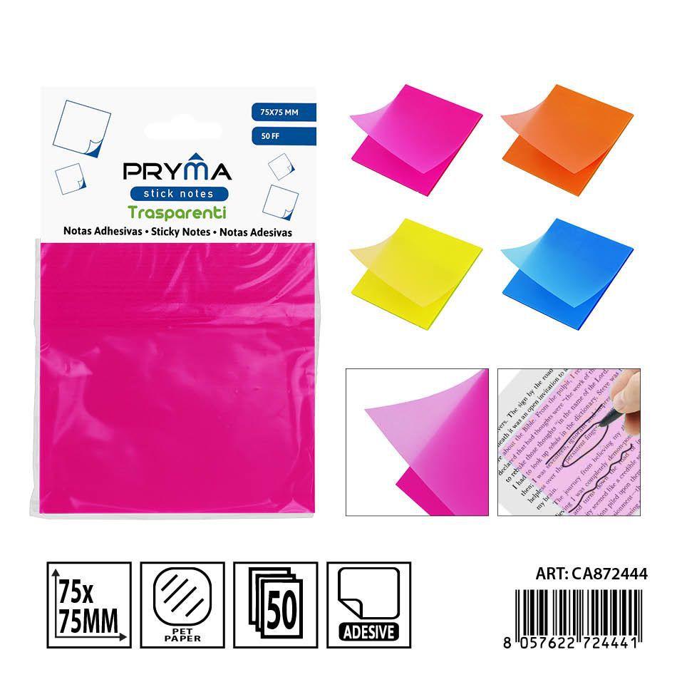 Bloque de notas adhesivas transparentes y fluorescentes 50 piezas - Papelería y artículos de oficina