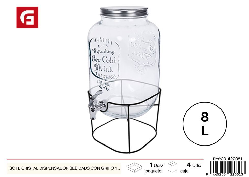 Bote dispensador de bebida de cristal con grifo y soporte 8 litros - Accesorios para bebidas