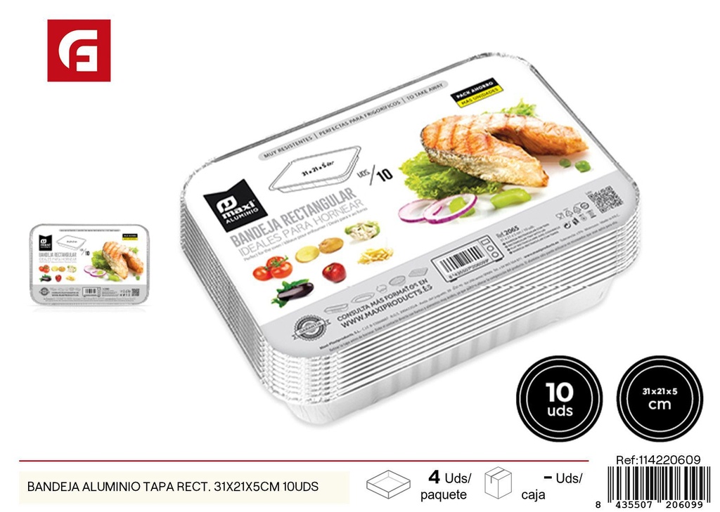 Bandeja de aluminio con tapa rectangular 31X21X5CM 10UDS - Utensilios desechables