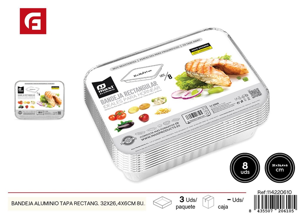 Bandeja de aluminio rectangular con tapa 32x26.4x6 cm (8 unidades) - Utensilios desechables
