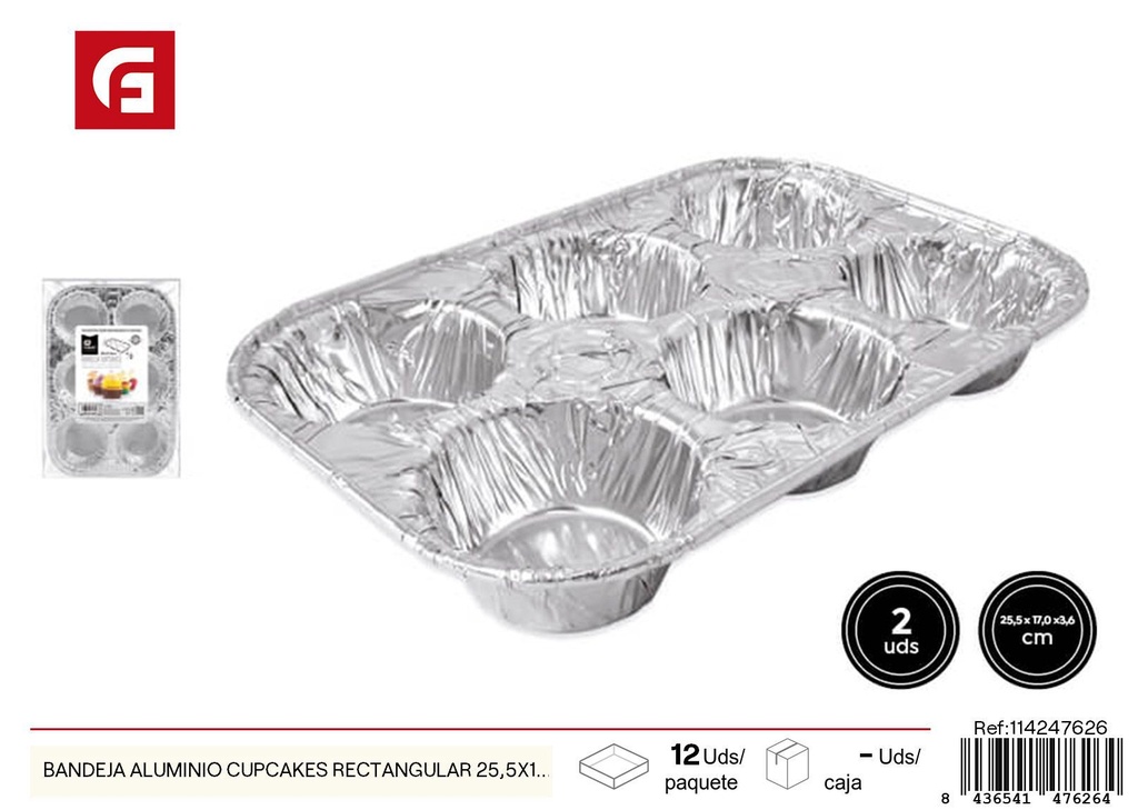 Bandeja de aluminio rectangular para cupcakes 25.5x17x3 cm - Utensilios desechables