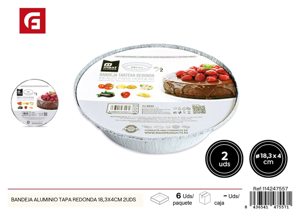 Bandeja de aluminio redonda con tapa 18.3x4 cm 2 unidades - Recipientes desechables