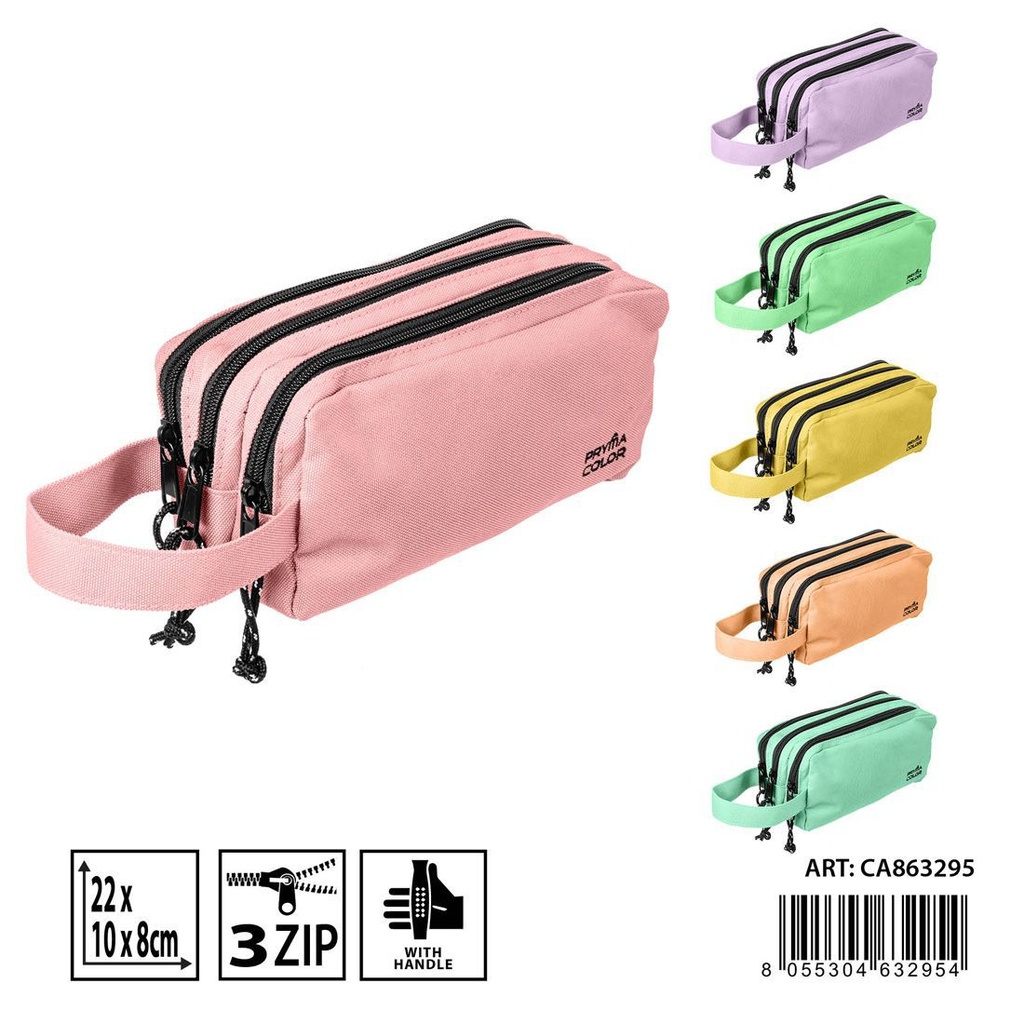 Funda de bolígrafo 3 zip con asa 22x10x8 cm pastel - Estuches y accesorios