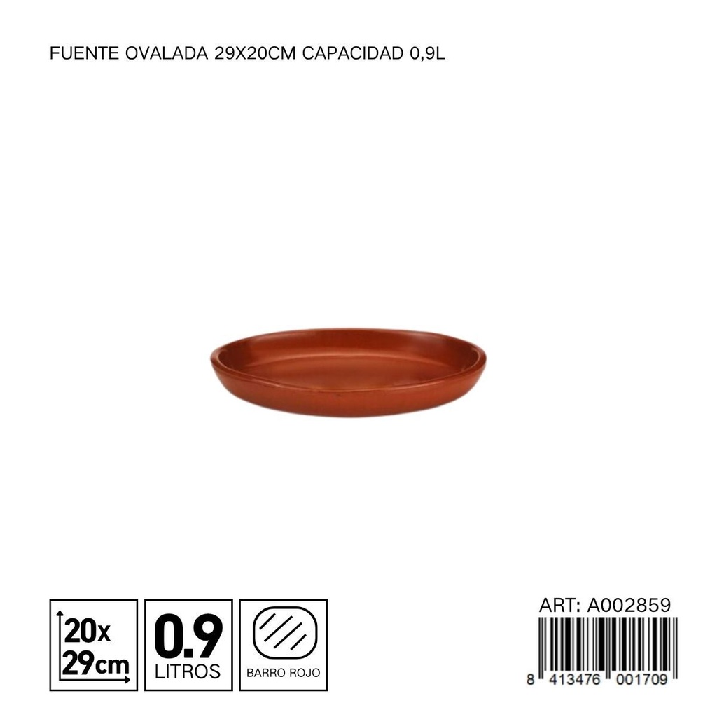Fuente ovalada de barro 29x20 cm capacidad 0,9L - Utensilios de cocina y vajillas de barro