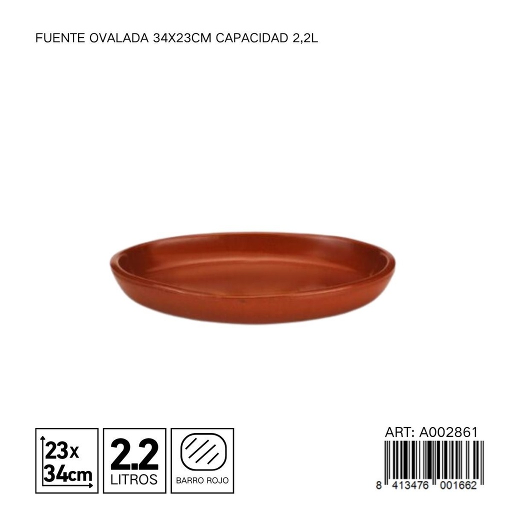 Fuente ovalada de barro 34x23 cm capacidad 2,2L - Utensilios de cocina y vajillas de barro