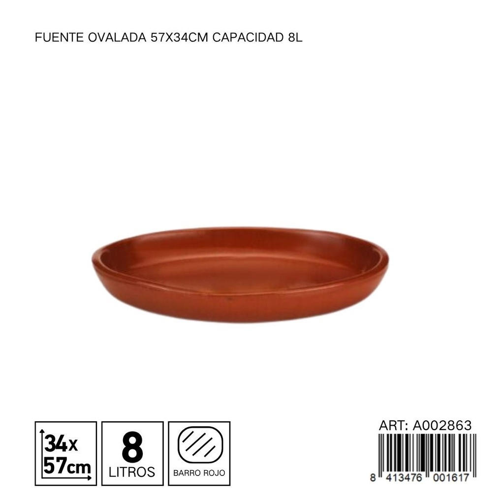 Fuente ovalada de barro 57x34 cm capacidad 8L - Utensilios de cocina y vajillas de barro