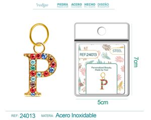 Charm de letra P de acero dorado con circonita