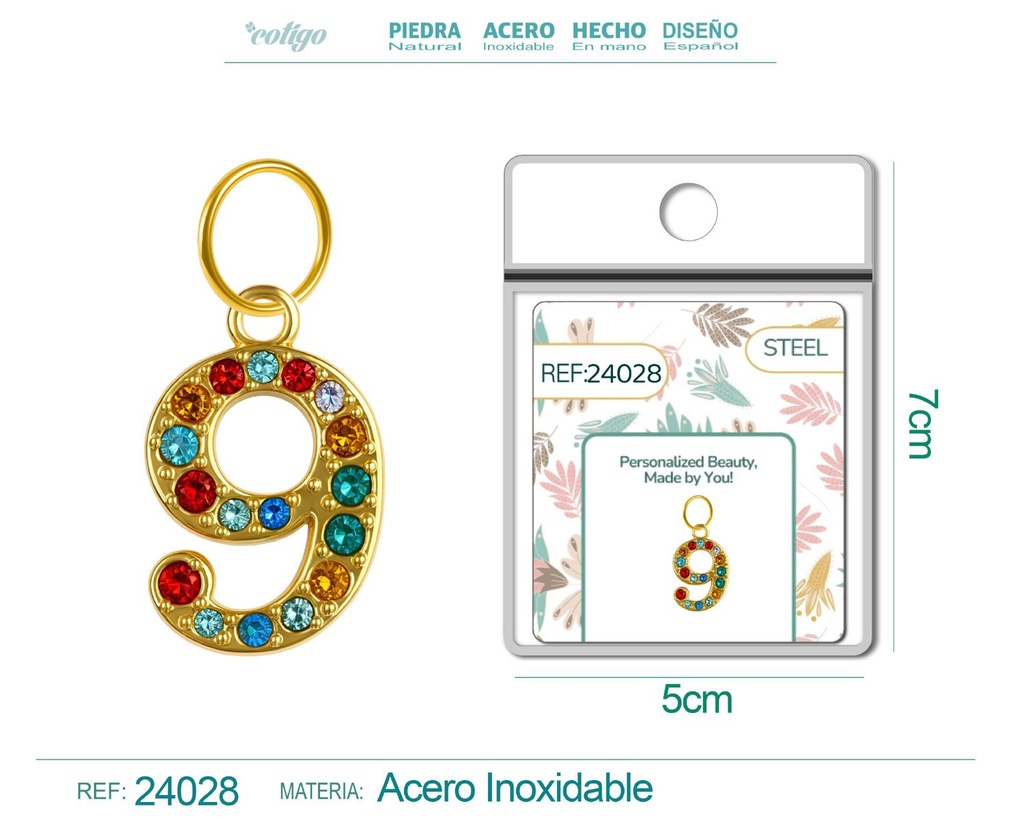 Charm de número 9 de acero dorado con circonita