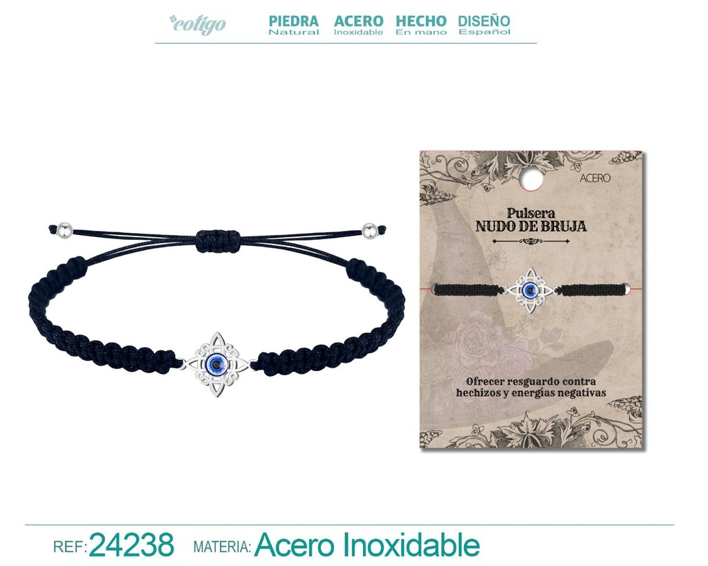 Pulsera de hilo destino con Nudo de Bruja de acero plateado - Joyería de protección y amuletos