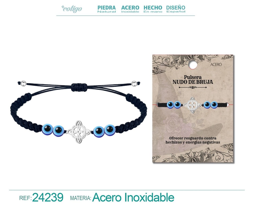 Pulsera de hilo destino con Ojo de Turco y Nudo de Bruja de acero plateado - Joyería de protección y amuletos