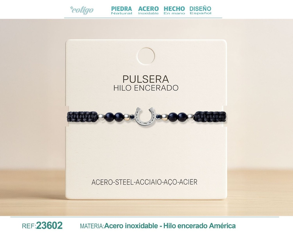 Pulsera de hilo encerado con lápiz lázuli y colgante de acero - Joyería artesanal