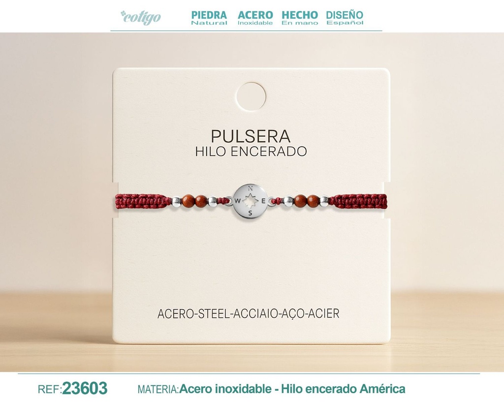 Pulsera de hilo encerado con jaspe rojo y brújula de acero - Accesorios de moda