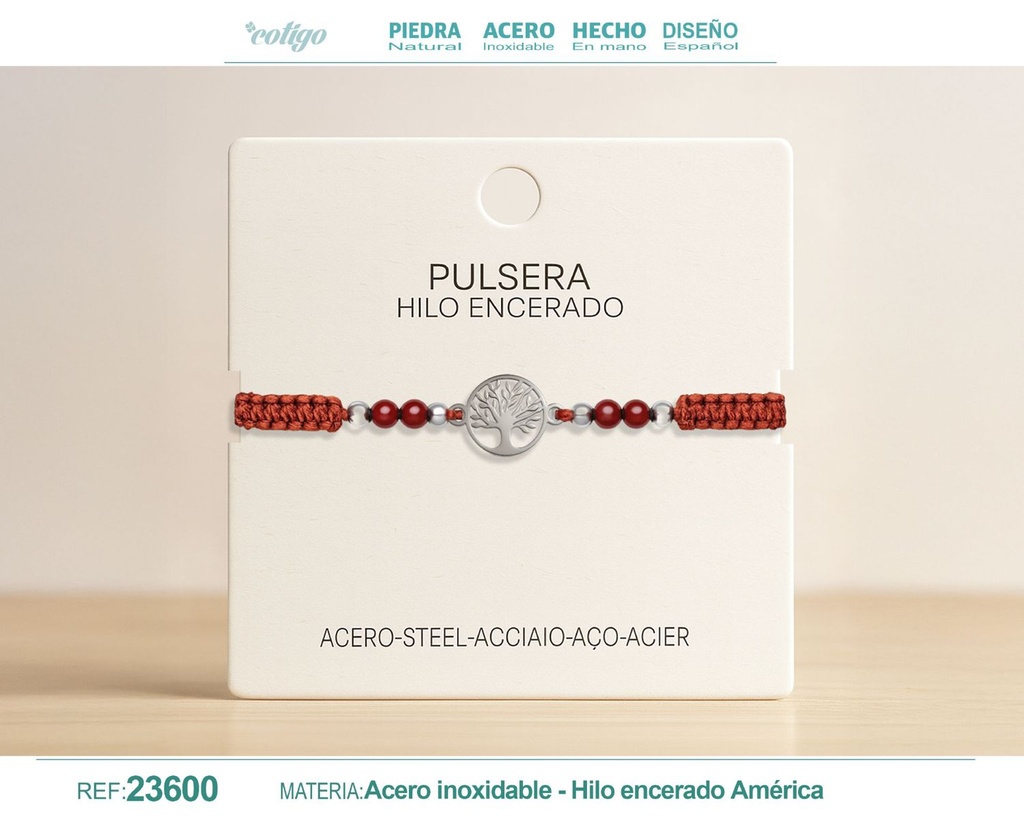 Pulsera de hilo encerado con carneola y árbol de la vida en acero - Joyería simbólica