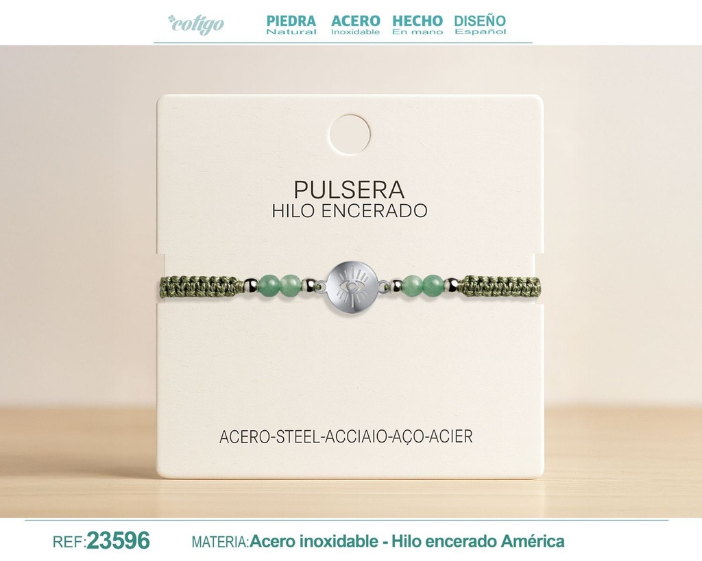 Pulsera de hilo encerado con aventurina verde y ojo de turco en acero - Accesorios protectores