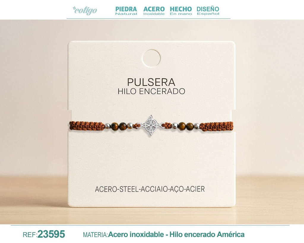 Pulsera de hilo encerado con ojo de tigre y nudo de bruja en acero - Joyería mágica