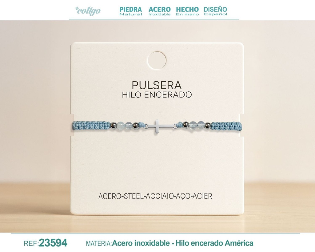 Pulsera de hilo encerado con opalina y cruz latina en acero - Joyería religiosa