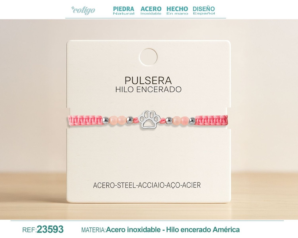 Pulsera de hilo encerado con cuarzo rosa y pato de gato en acero - Accesorios tiernos