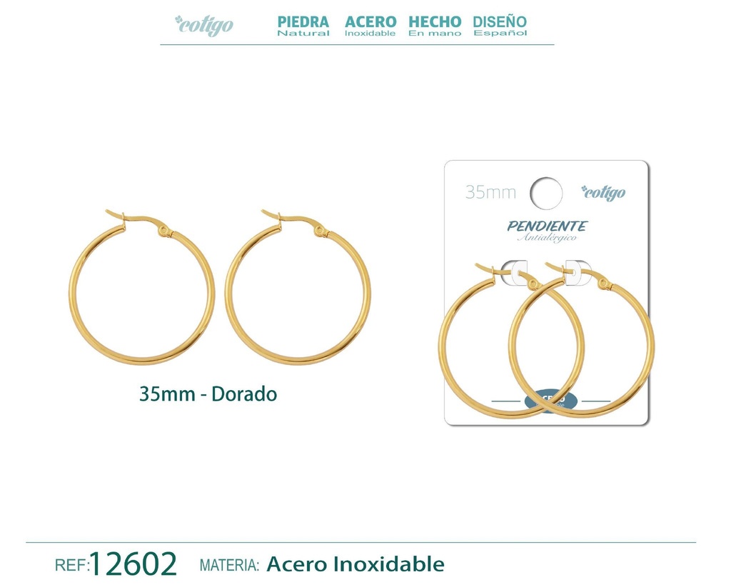 Pendiente aro de acero dorado de 35 mm - Joyería de acero