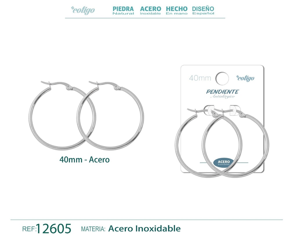 Pendiente aro de acero de 40 mm - Joyería de acero