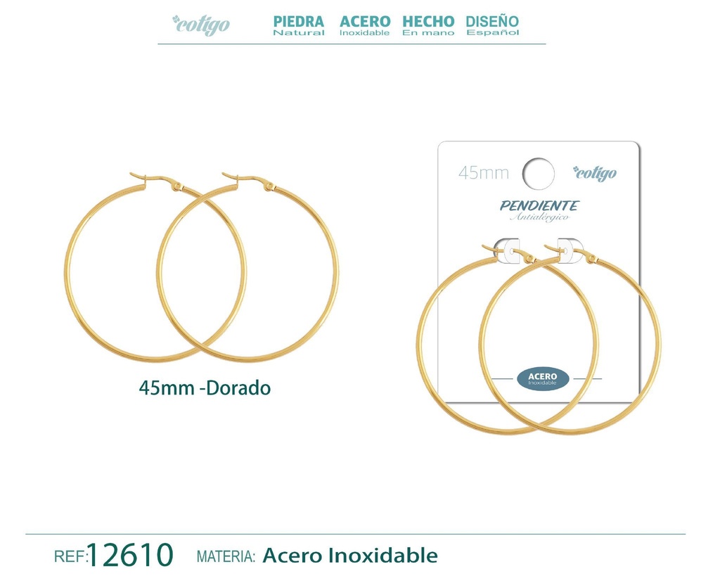 Pendiente aro de acero dorado de 45 mm - Joyería de acero