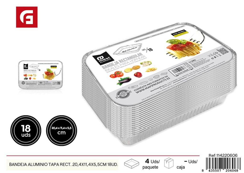 Bandeja aluminio tapa rect. 20.4x11.4x5.5 cm 18 uds - Recipientes de aluminio desechables
