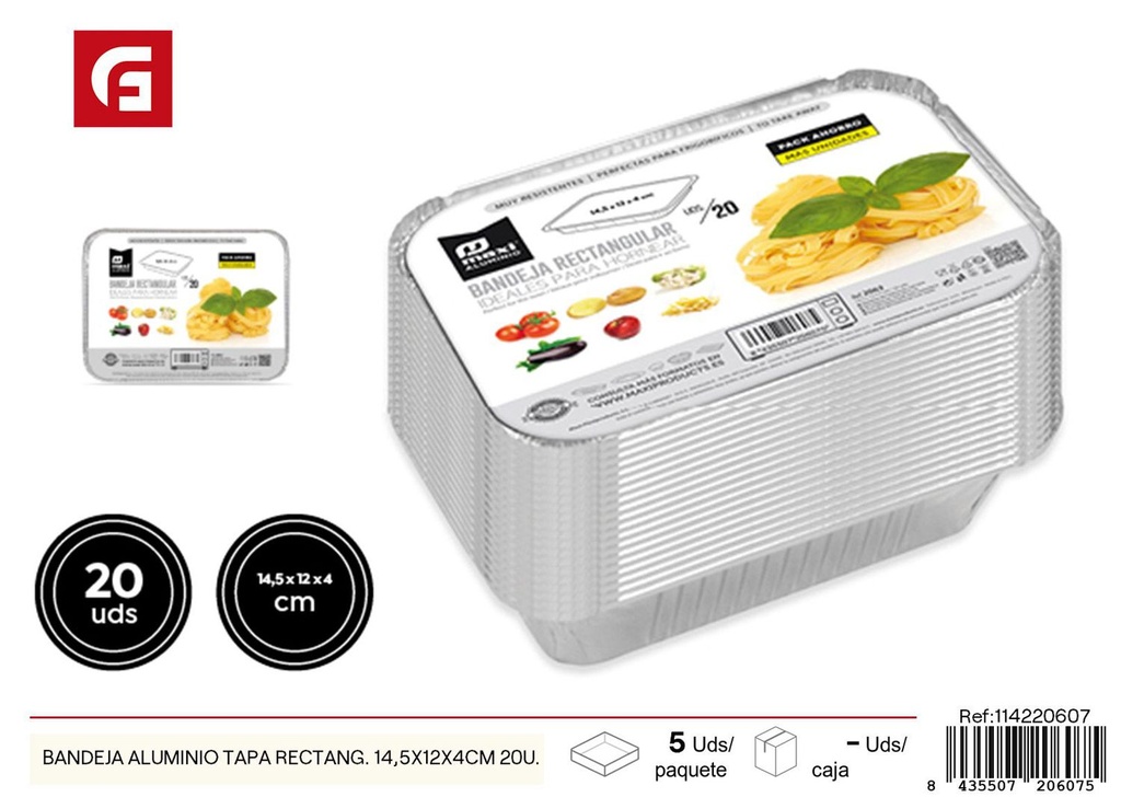 Bandeja aluminio tapa rectangular 14.5x12x4 cm 20 uds - Recipientes de aluminio desechables