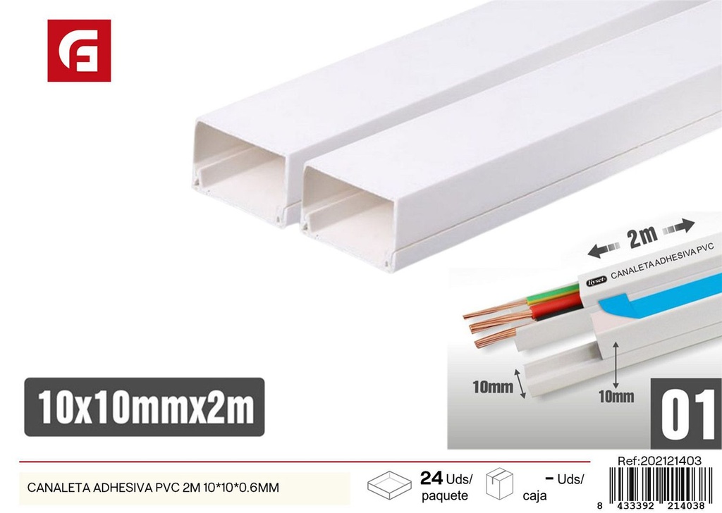  Canaletina adhesiva PVC 2 m 10x10x0.6 mm - Organización de cables
