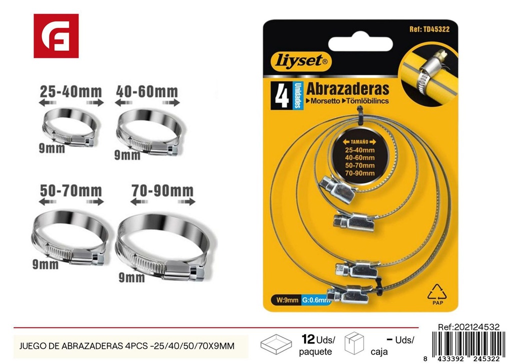 Juego de abrazaderas 4PCS - 25/40/50/70 x 9mm - Accesorios ferretería y herrajes