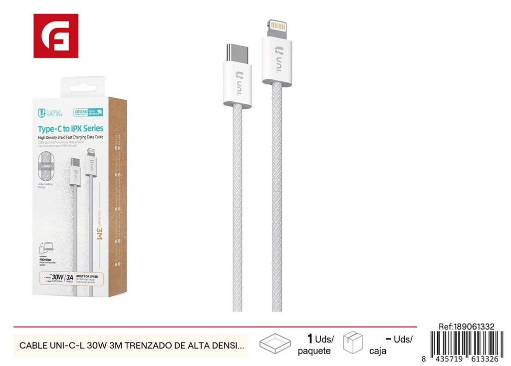 Cable UNI-C-L 30W 3m trenzado de alta densidad CE - Cargadores de teléfono