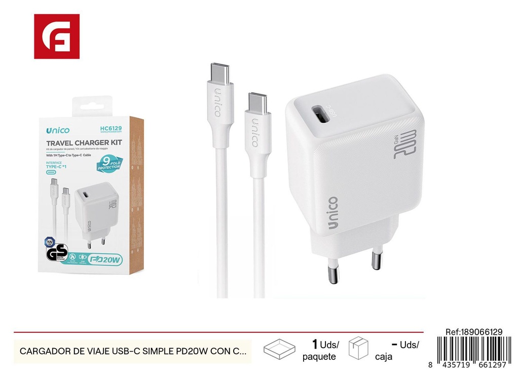 Cargador de viaje USB-C simple PD20W con cable C-C GS - Cargadores de teléfono