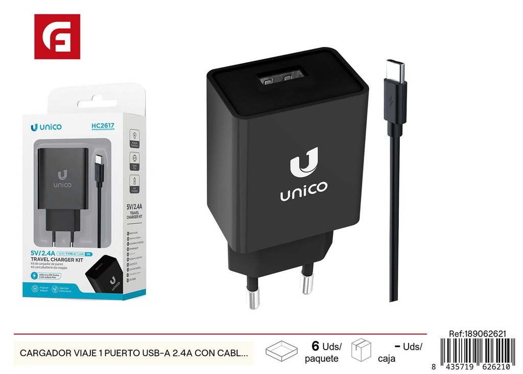 Cargador de viaje 1 puerto USB-A 2.4A con cable USB-A a tipo-C kit - Cargadores de teléfono