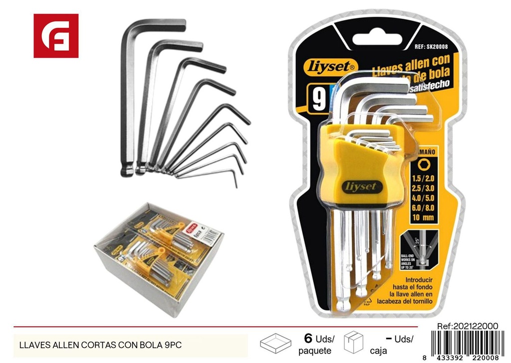 Kit de llaves Allen cortas con bola 9 piezas - Herramientas de ferretería