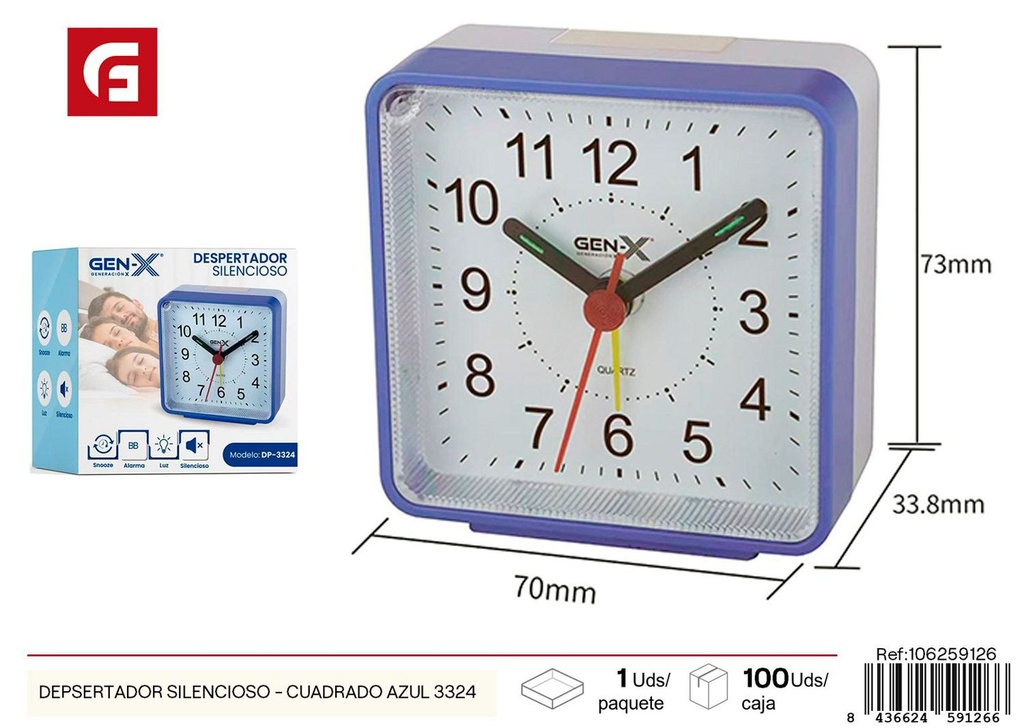 Reloj despertador silencioso cuadrado azul modelo 3324 - Electrónica y despertadores